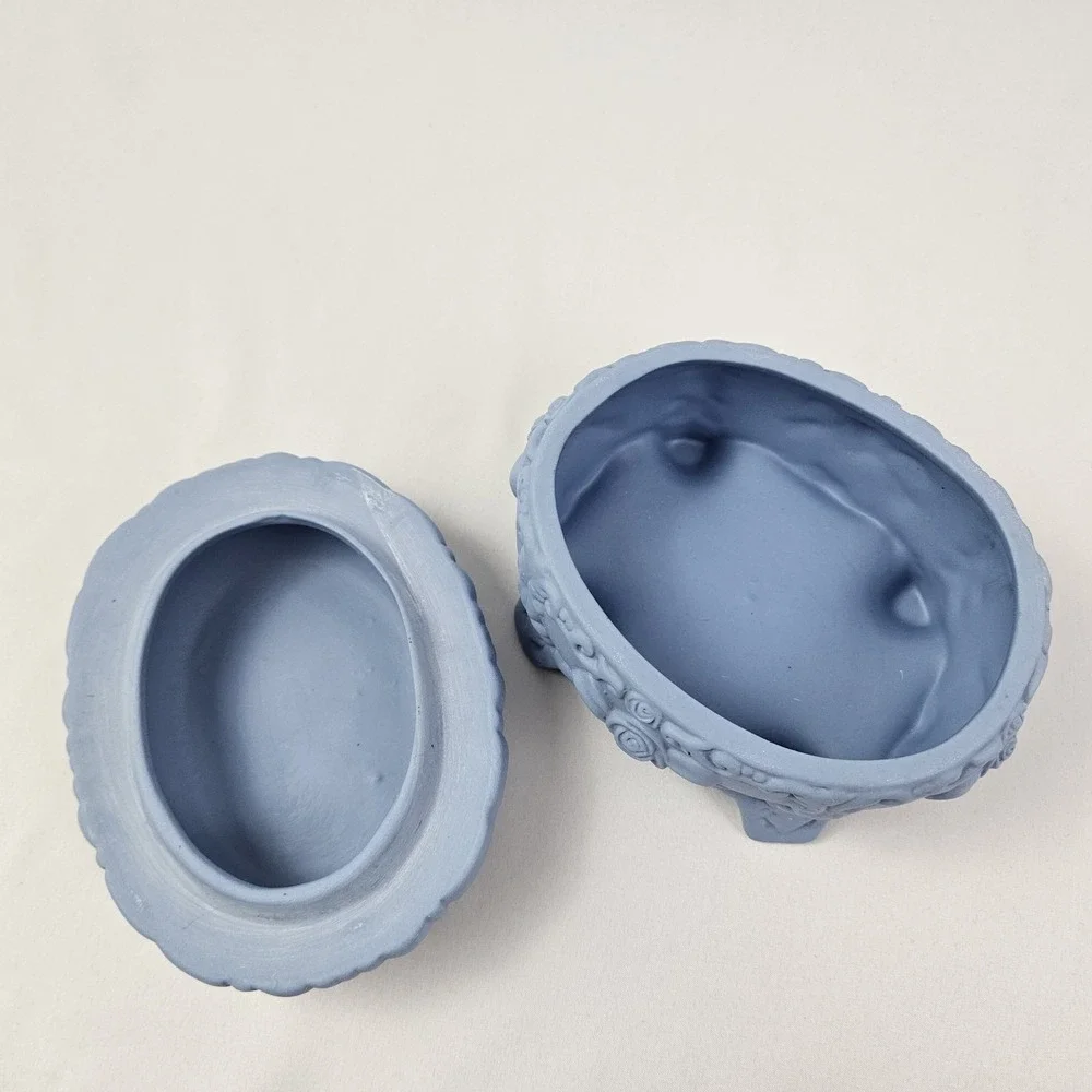 Vintage Blue Jasperware Style Trinket Box with White Relief Maiden Cameo